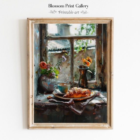 Coffee And Croissant Paint Vintage Kitchen Home Decor Antique Oil Painting Country Wall Art Cottagecore Decor 431