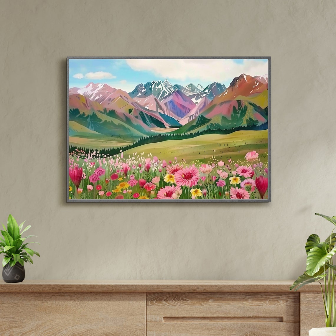 Pink Wildflower Meadow Beneath Snowcapped Peaks Landscape Poster - Image 6
