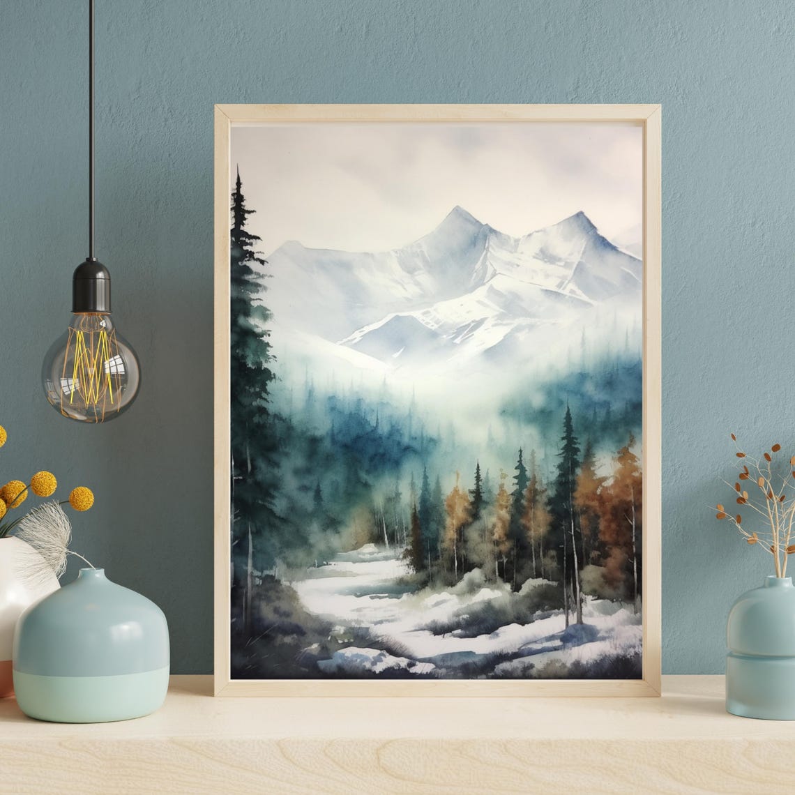 Misty Snowy Mountain Forest Watercolor Winter Landscape Poster - Image 2
