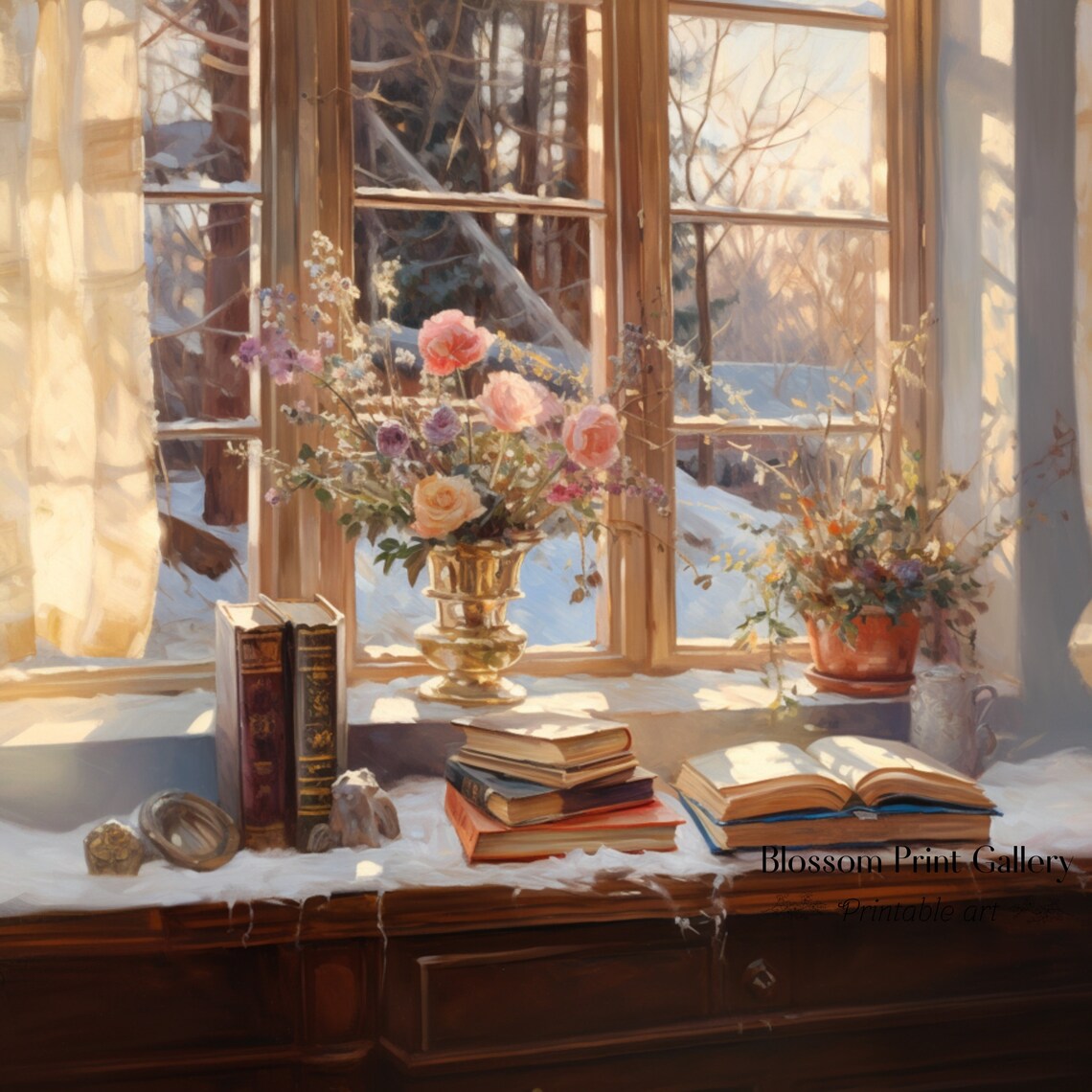 Winter Window Still Life With Books And Flowers Snowy Scene Poster - Image 3