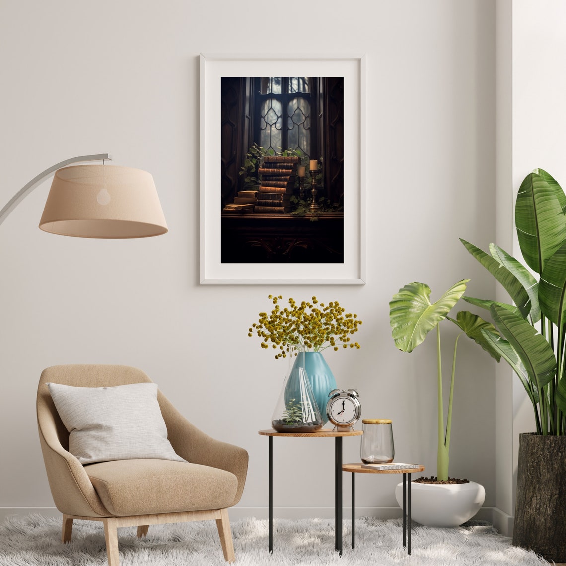 Stack Of Old Books By Gothic Window Dark Academia Painting Poster - Image 4