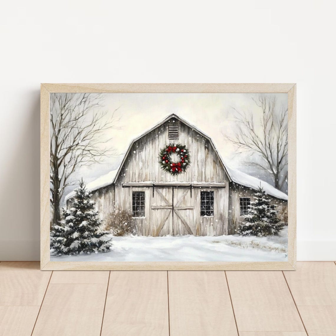 Snowy White Barn Christmas Wreath Winter Farm Painting Poster - Image 5