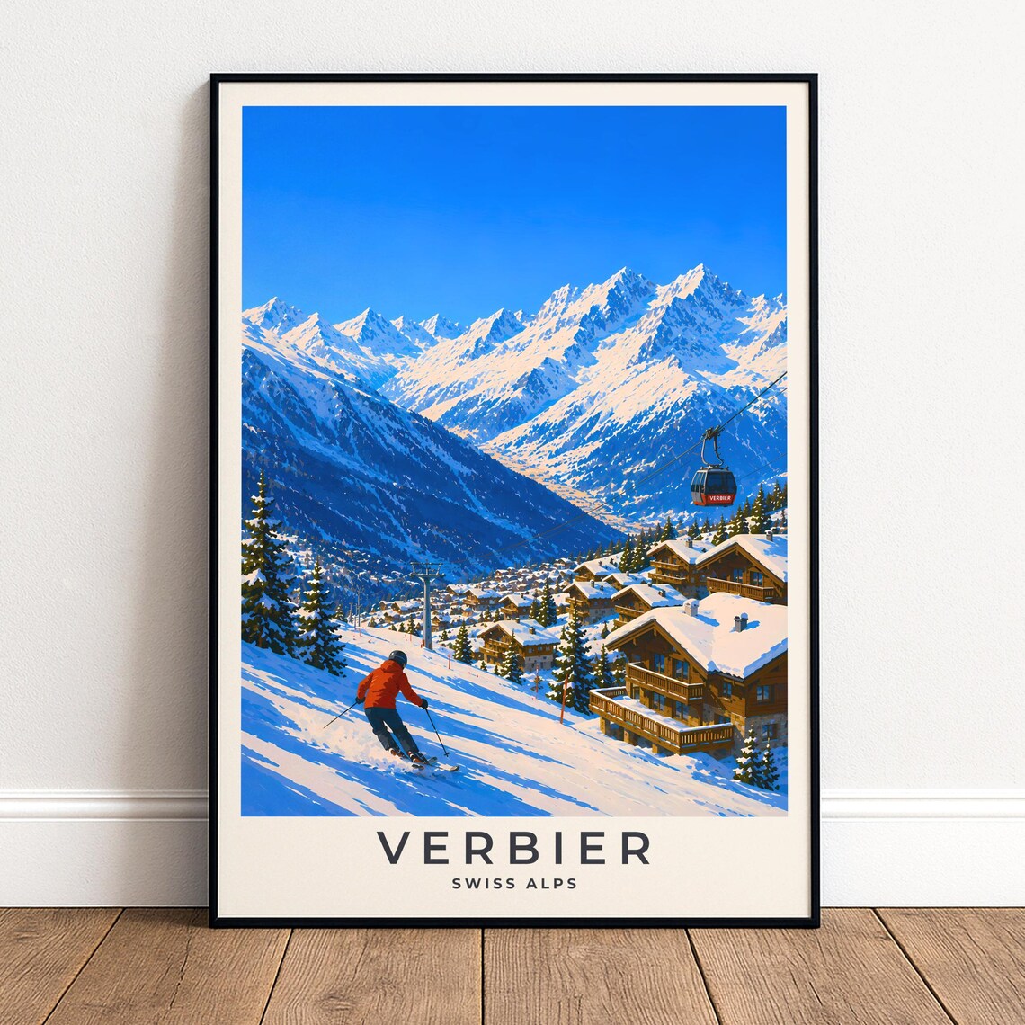 Verbier Swiss Alps Ski Resort Gondola Snow Mountain Travel Poster