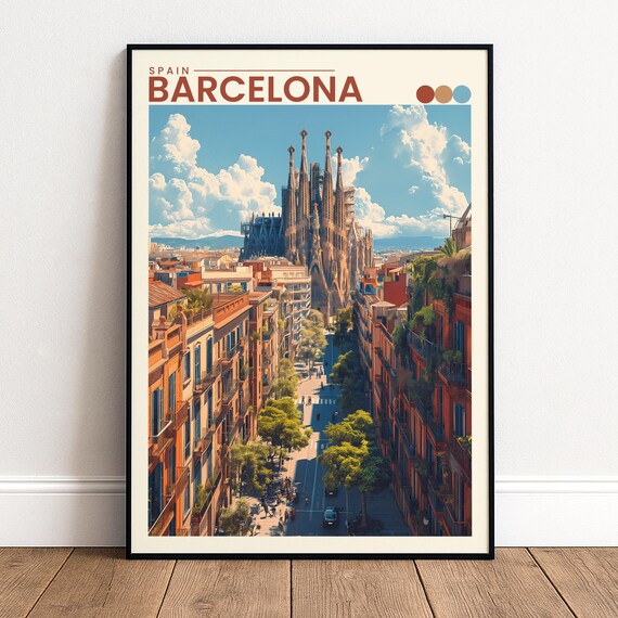 Barcelona Spain Sagrada Familia Colorful City Street Travel Poster