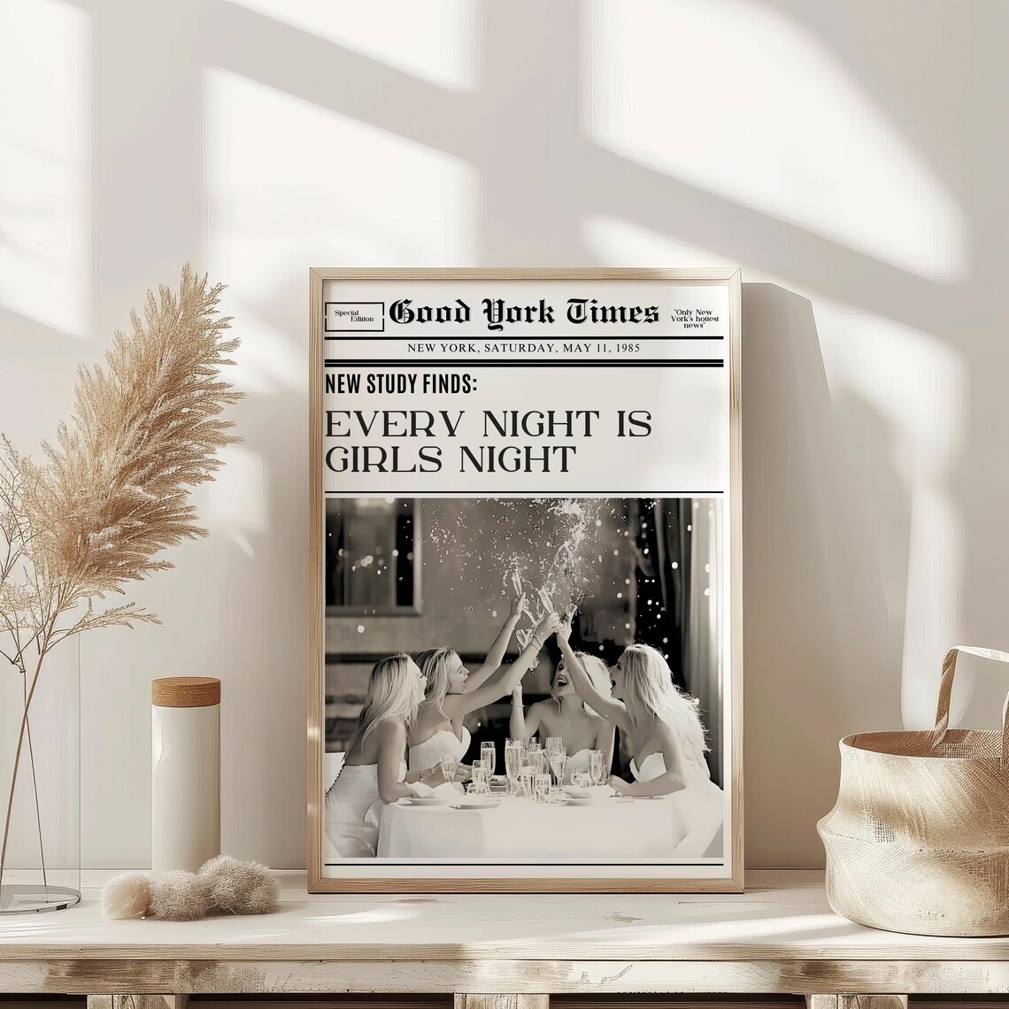 Girls Night Newspaper Headline Poster Good York Times Vintage Fun Art