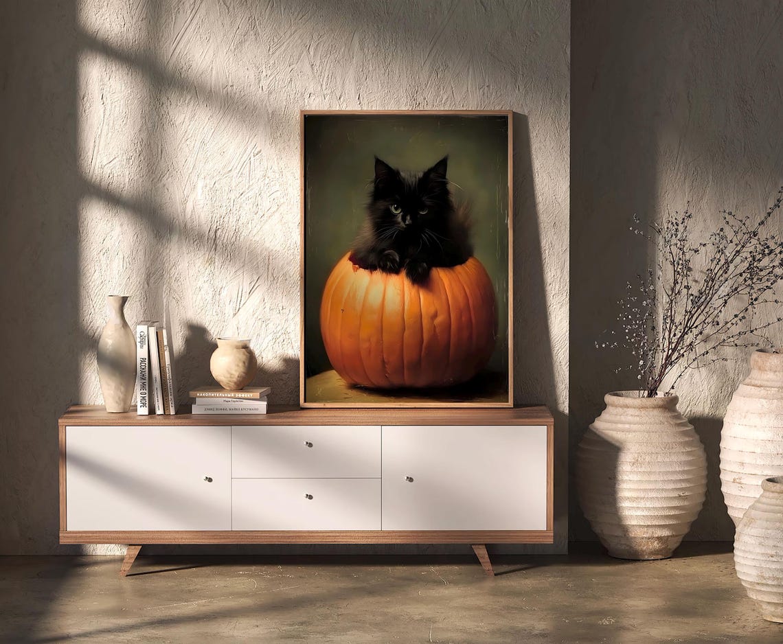 Black Cat in a Pumpkin Vintage Halloween Cat Portrait Wall Art - Image 3