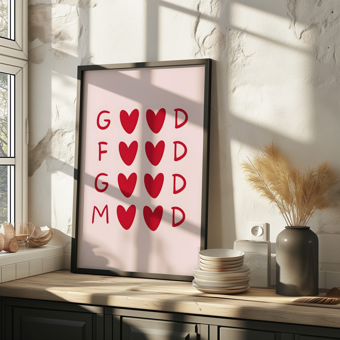Good Food Good Mood Pink Heart Kitchen Cheerful Decor Wall Art - Image 2