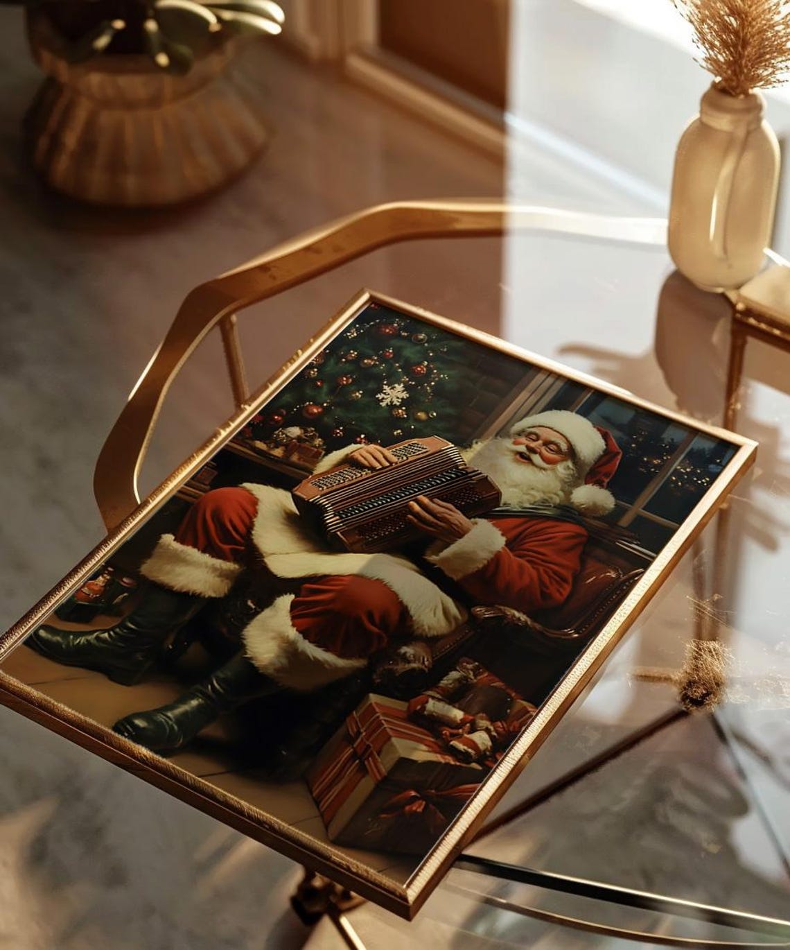 Santa Playing Accordion By The Christmas Tree Festive Music Poster - Image 2