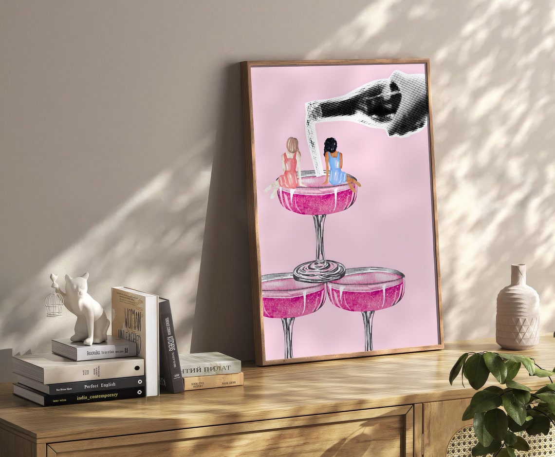 Champagne Tower Pop Art Pink Coupe Girls Fun Retro Party Poster - Image 2