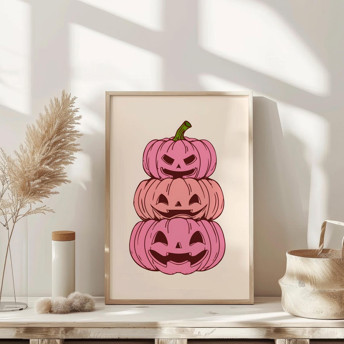 Pink Stacked Jack O Lanterns Smiling Pumpkin Halloween Poster - Image 3