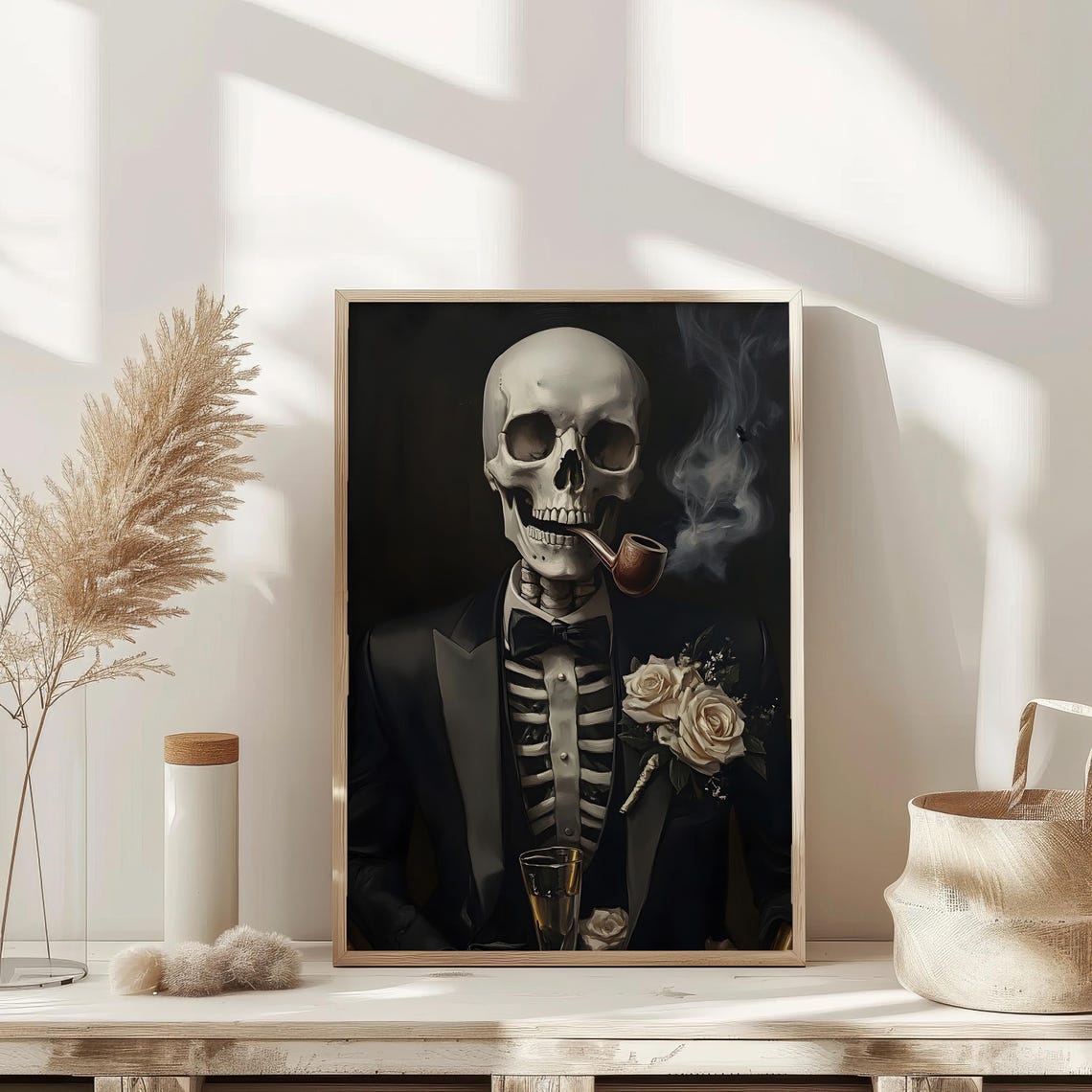 Skeleton Gentleman Smoking a Pipe Vintage Dark Oil Painting Poster - Image 2