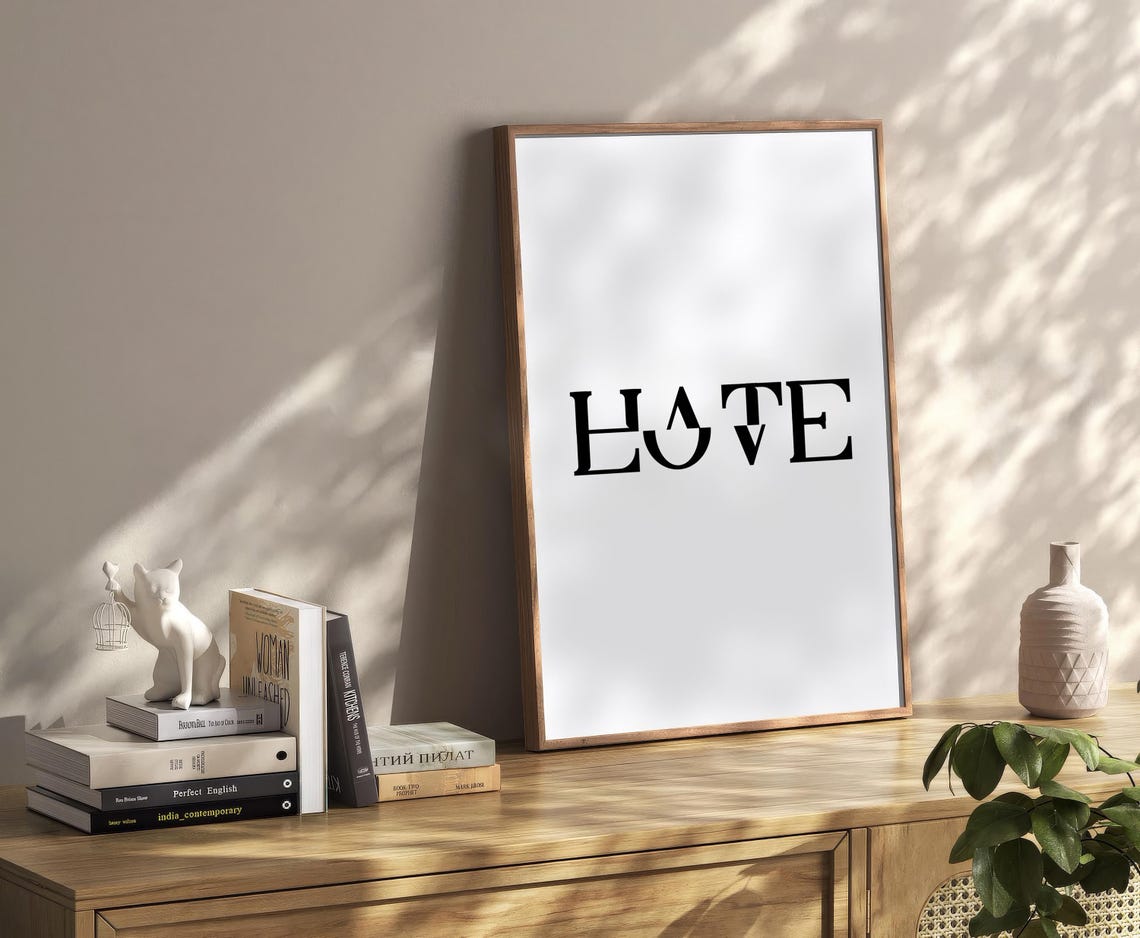 Love Hate Wordplay Typography Minimalist Modern Cream Wall Poster - Image 2
