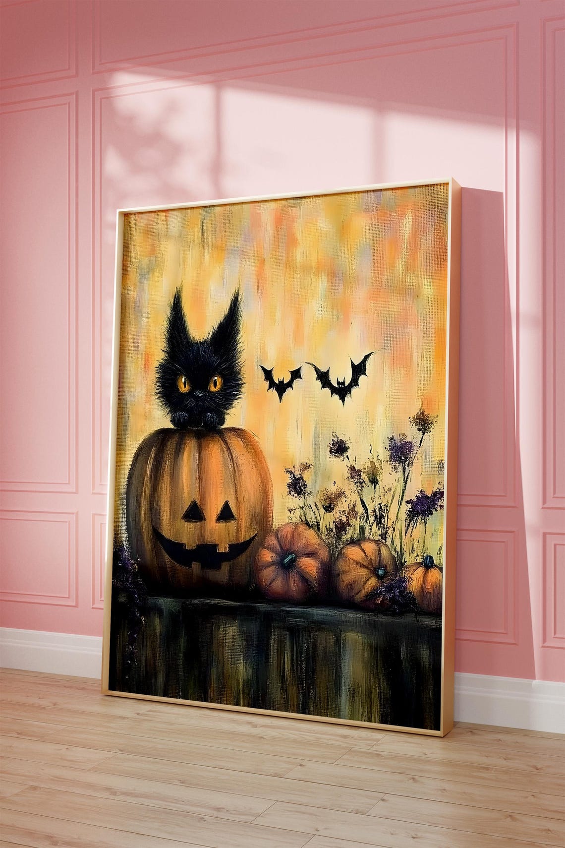 Black Cat On Jack O Lantern Bats Cute Halloween Painting Poster - Image 4