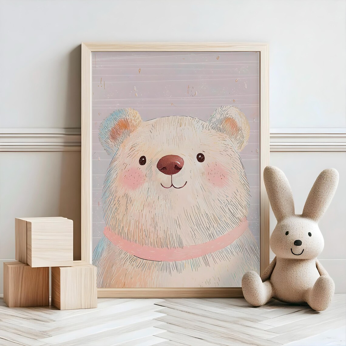 White Bear Face Close Up Portrait Pink Collar Soft Pastel Nursery Art Poster - Image 2