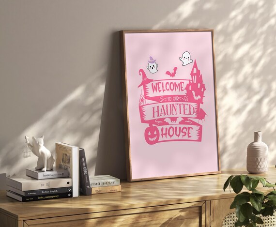 Cute Pink Welcome To Our Haunted House Ghosts Halloween Decor Poster