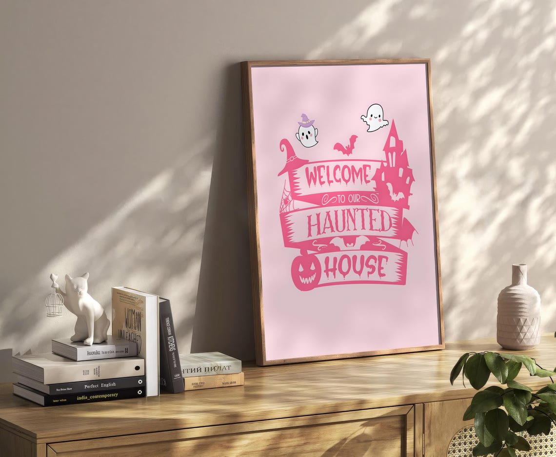 Cute Pink Welcome To Our Haunted House Ghosts Halloween Decor Poster
