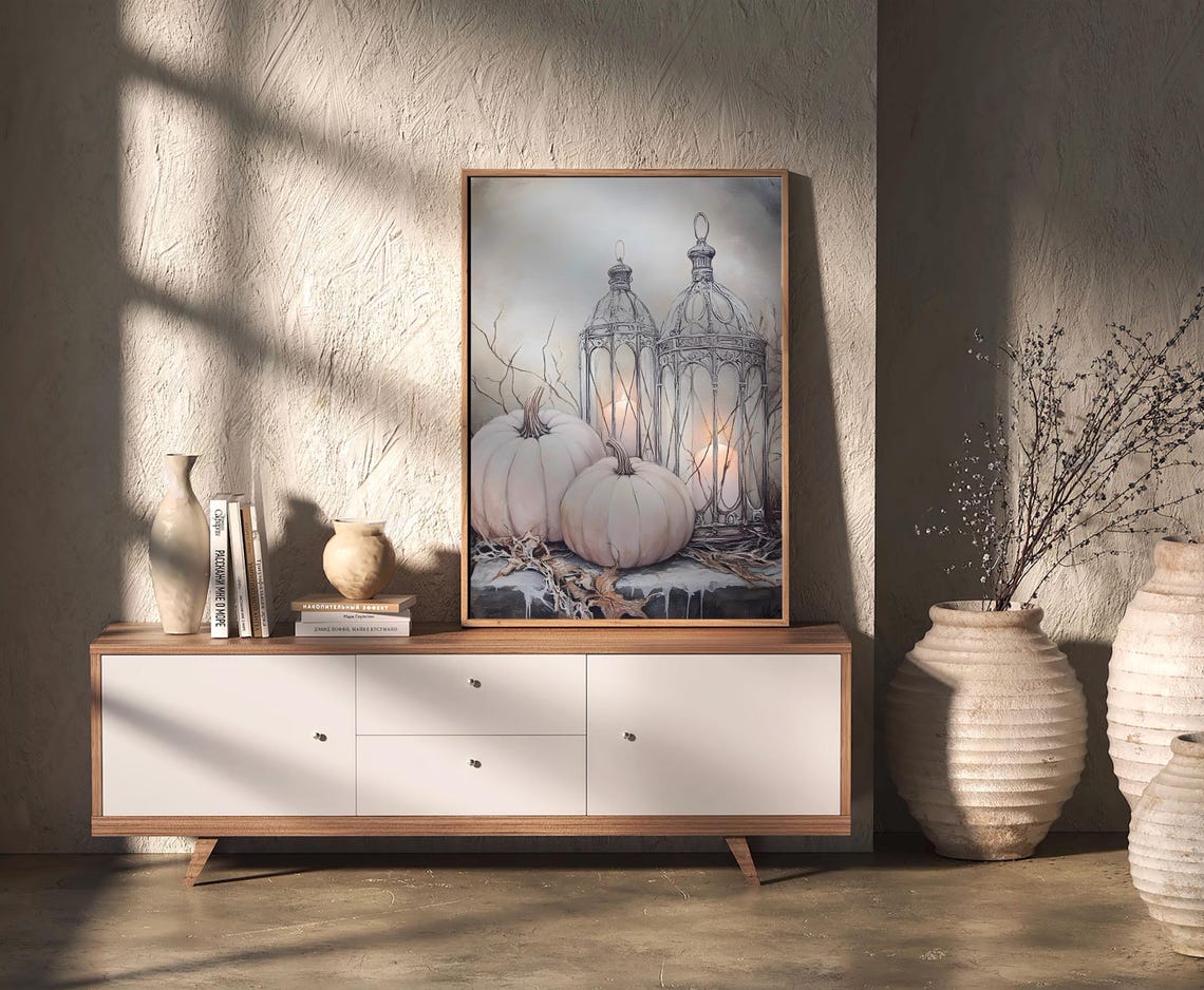White Pumpkins And Wire Lanterns Neutral Fall Halloween Print - Image 3