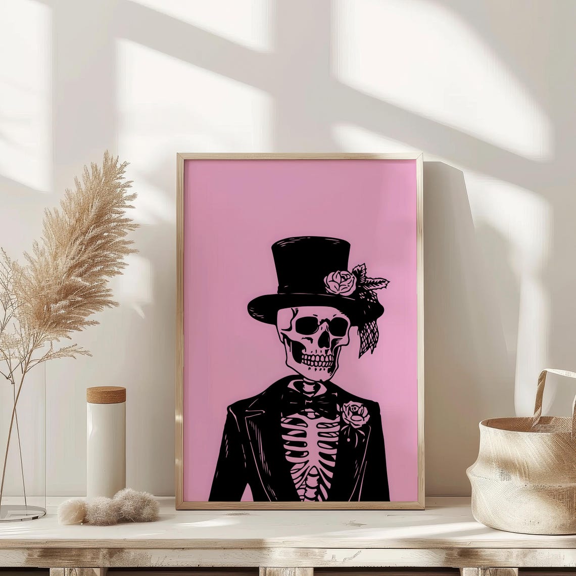 Bold Skeleton Bride With Top Hat on Pink Gothic Pop Art Poster - Image 4