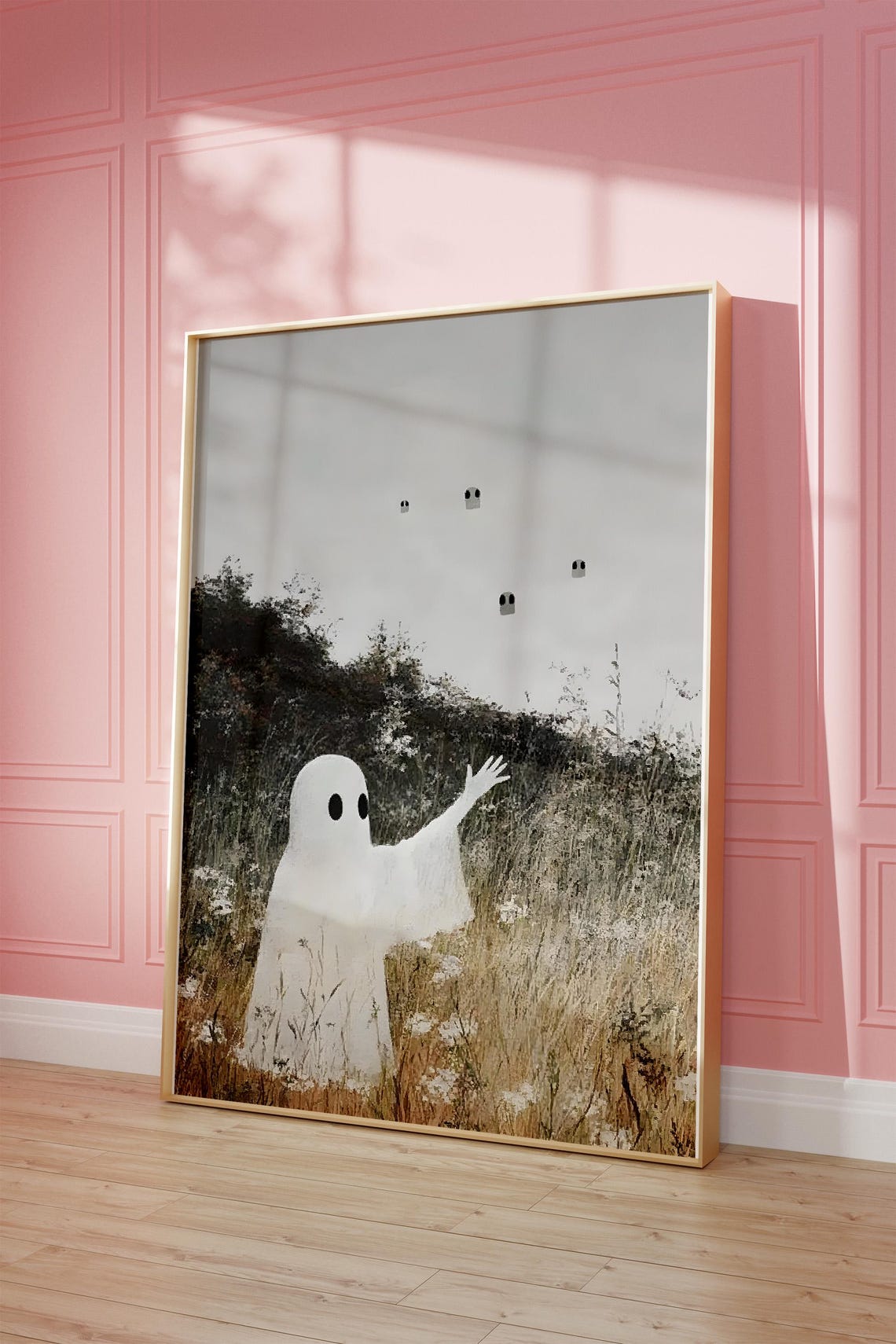 Cute Waving Ghost Meadow Trendy Vintage Halloween Art Poster - Image 4