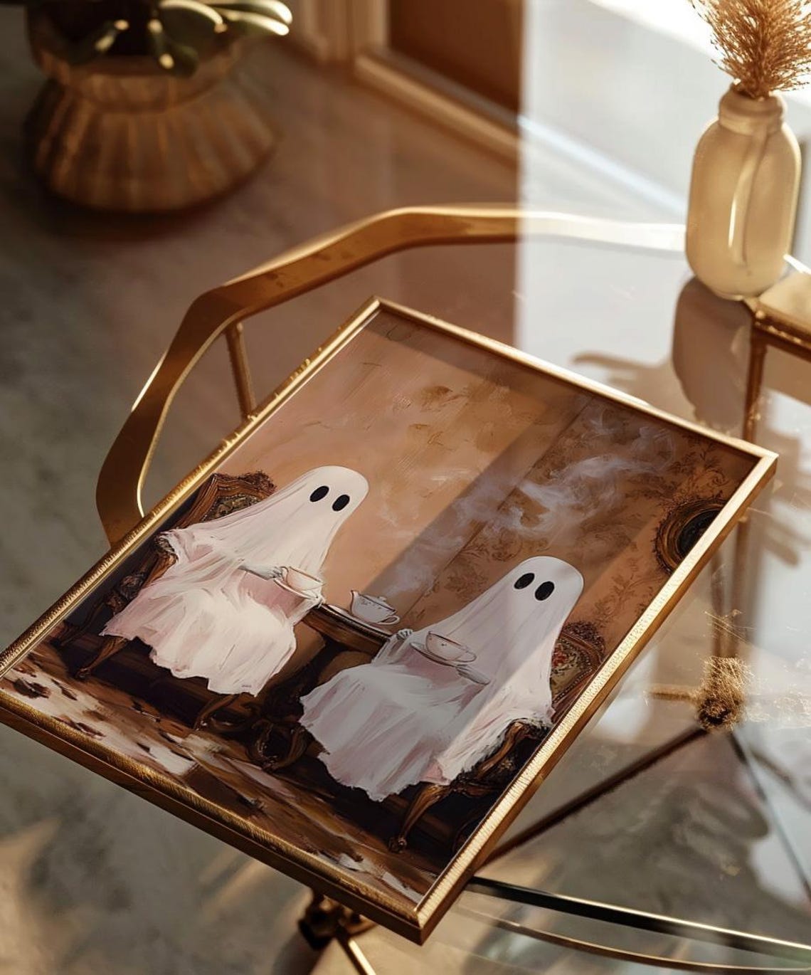Two Cute Ghosts Sharing Afternoon Tea Vintage Spooky Halloween Poster - Image 3