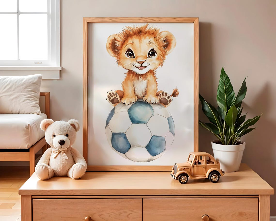Cute Lion Cub Soccer Ball Watercolor Baby Nursery Art Poster