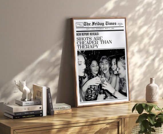 Shots Are Cheaper Therapy Trendy New York Newspaper Print Vintage Bar Cart Retro Wall Art Newspaper Headline Poster College Apartment Decor