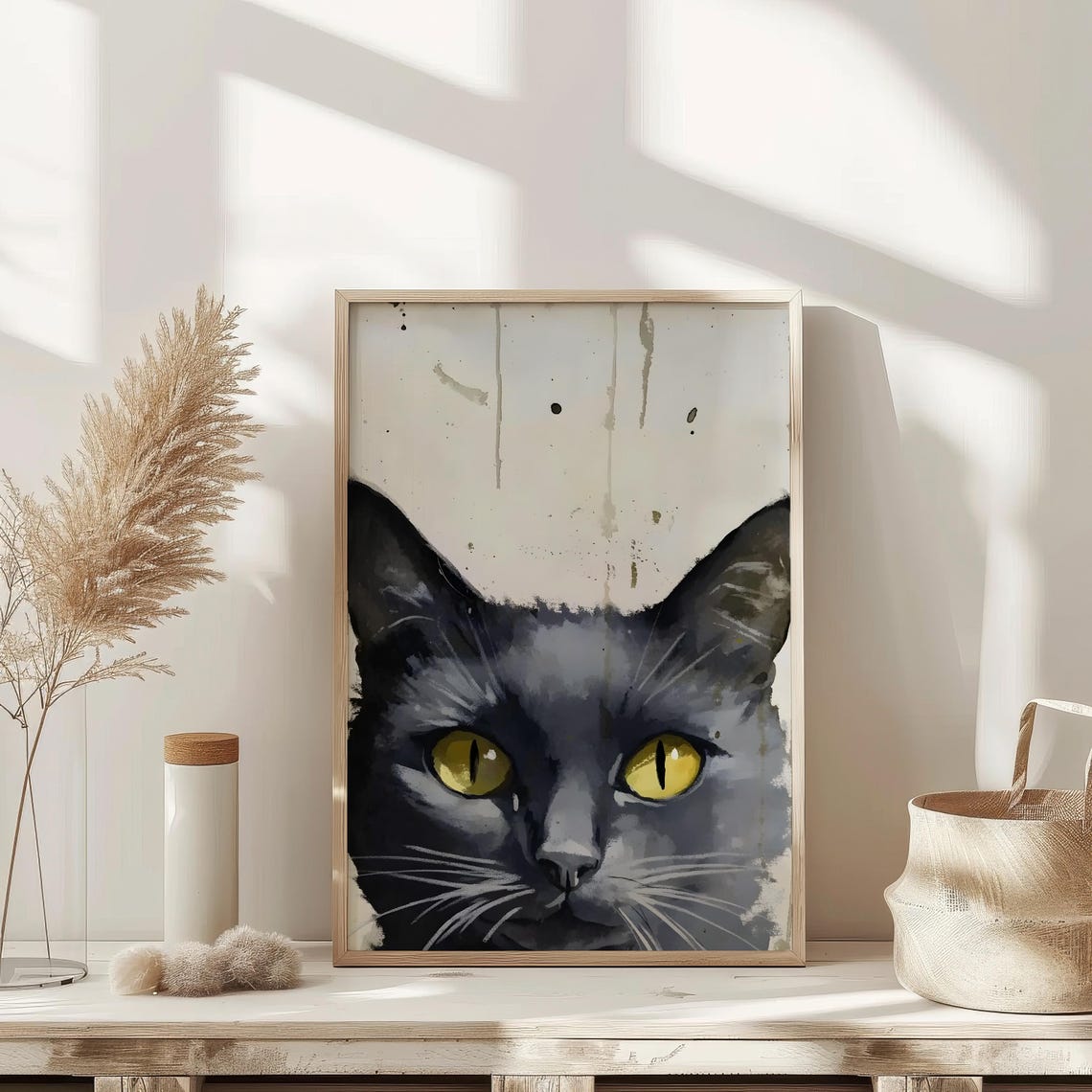 Black Cat Portrait Yellow Eyes Vintage Halloween Moody Art Poster - Image 2