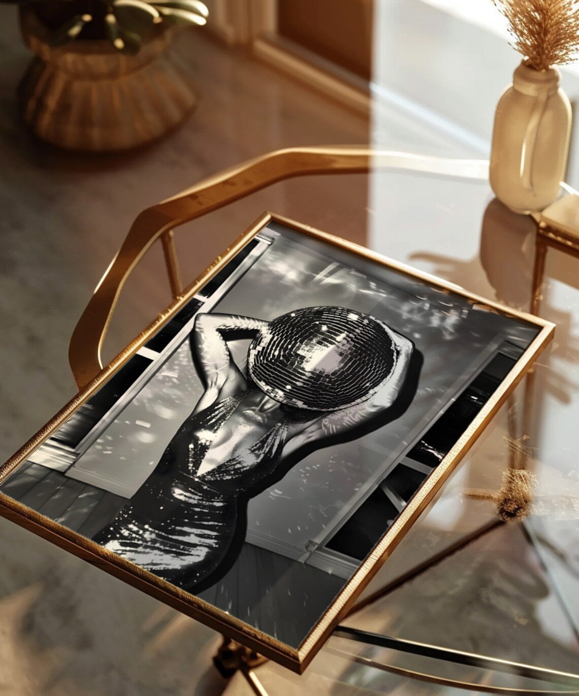 Disco Ball Head Woman Black and White Fashion Photography Poster - Image 2