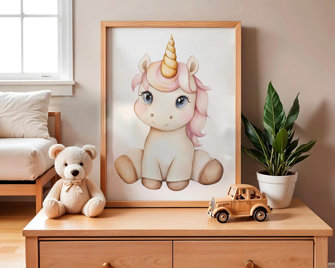 Cute Watercolor Unicorn Pink Mane Baby Girl Nursery Wall Poster - Image 2