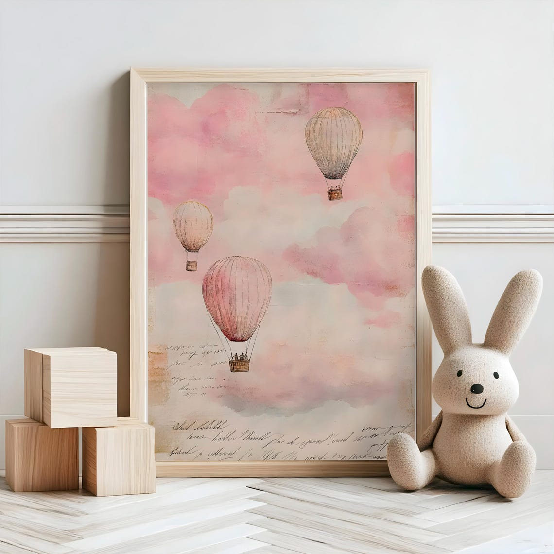 Pink Hot Air Balloons Pastel Clouds Vintage Script Nursery Poster - Image 2