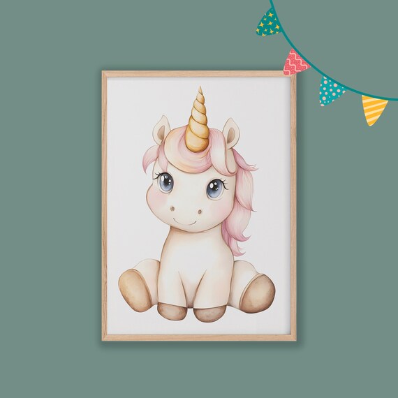 Cute Watercolor Unicorn Pink Mane Baby Girl Nursery Wall Poster