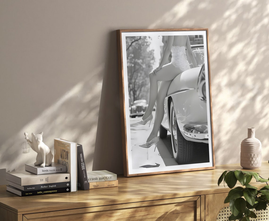Woman Sitting On A Car Print Vintage Bar Cart Retro Poster College Wall Art Girl Room Apartment Funky Decor Feminist Poster Black And White - Image 2