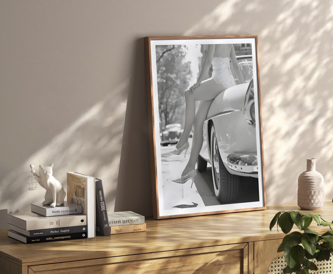 Woman Sitting On Vintage Car Black And White Fashion Art Poster - Image 2