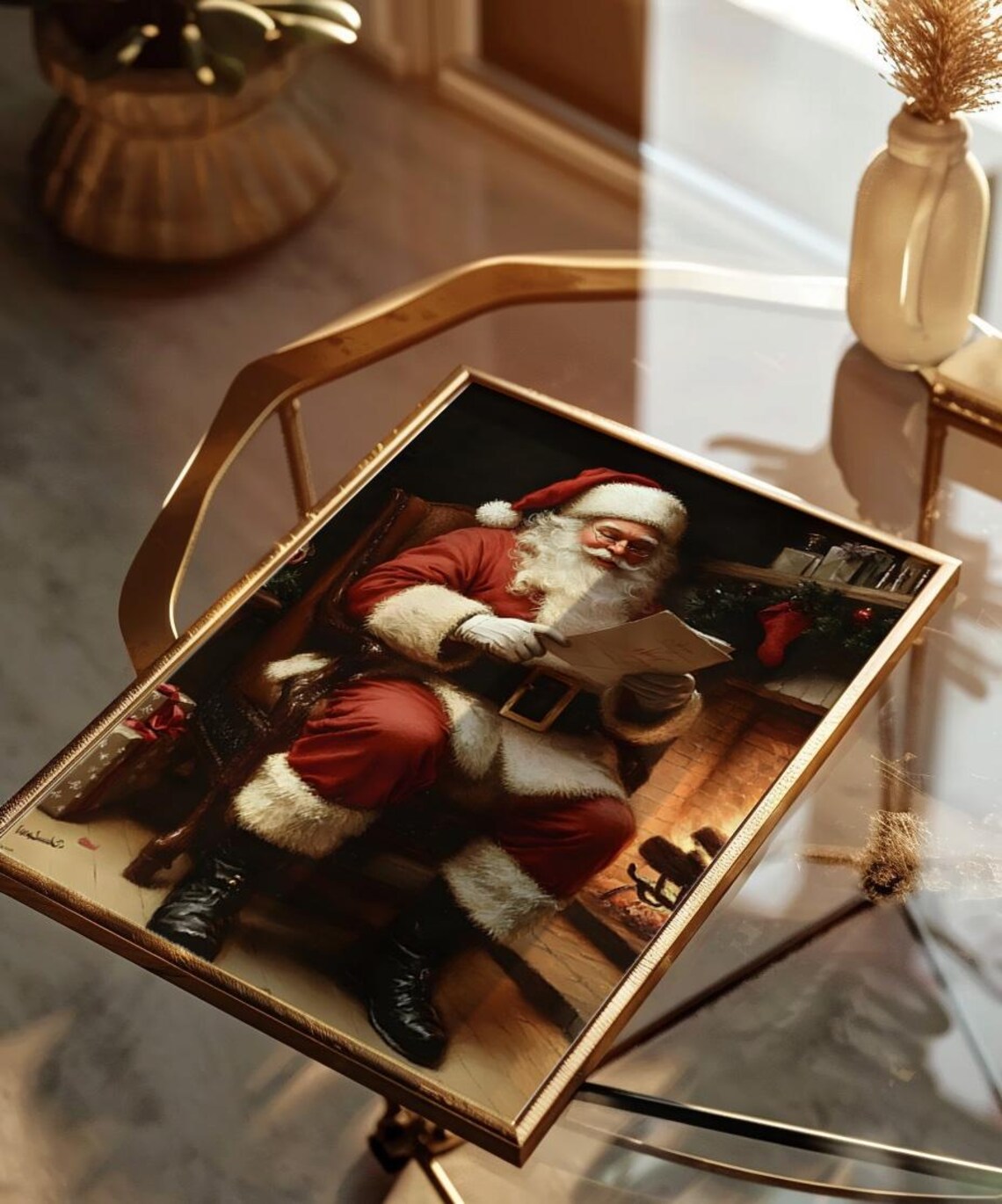 Santa Claus Reading Letters by Fireplace Vintage Christmas Poster - Image 2