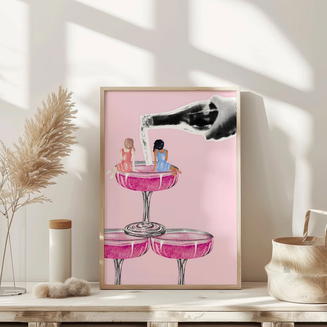 Champagne Tower Pop Art Pink Coupe Girls Fun Retro Party Poster