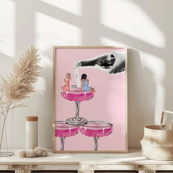Champagne Tower Pop Art Pink Coupe Girls Fun Retro Party Poster