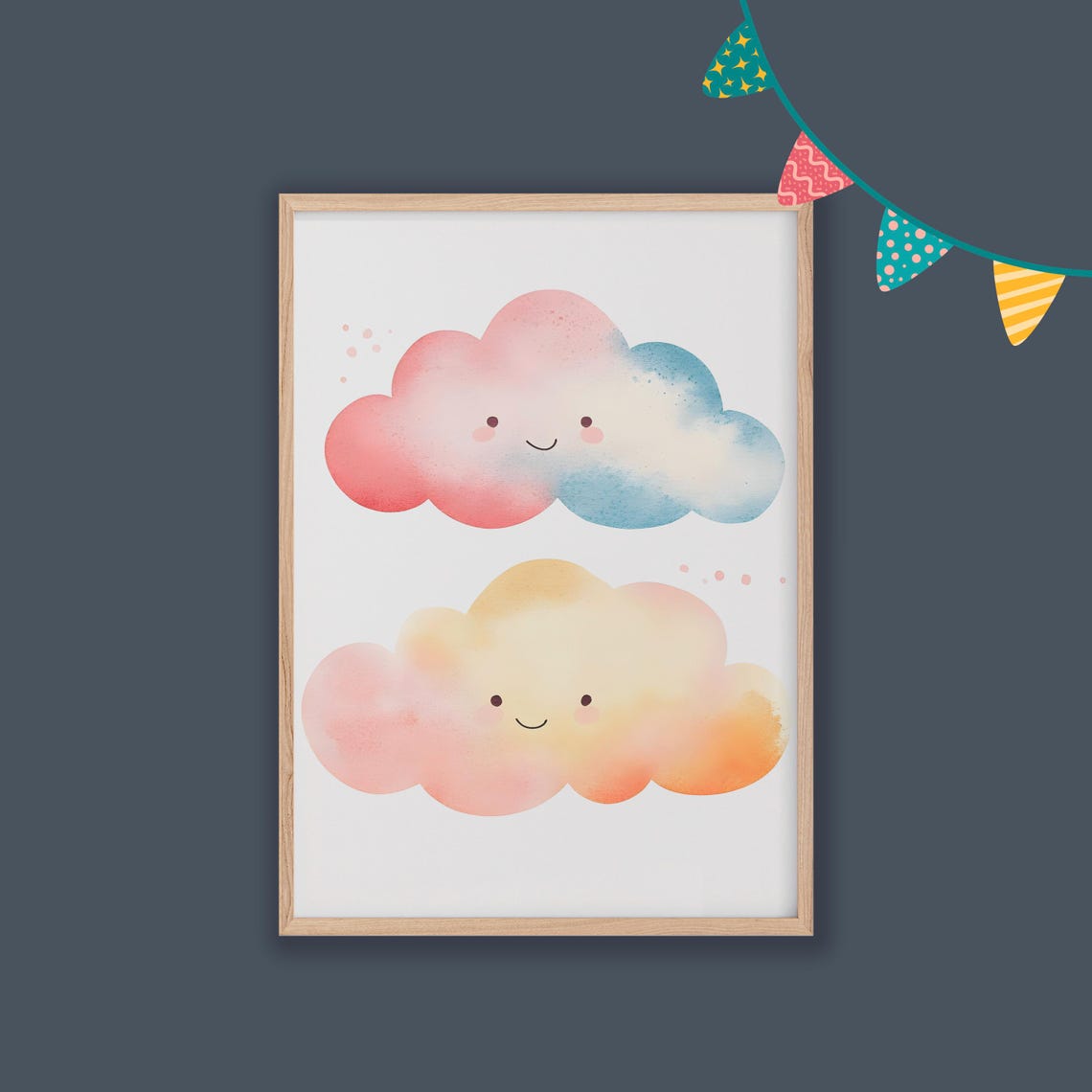 Smiling Pastel Watercolor Clouds Cute Sky Nursery Decor Poster - Image 2