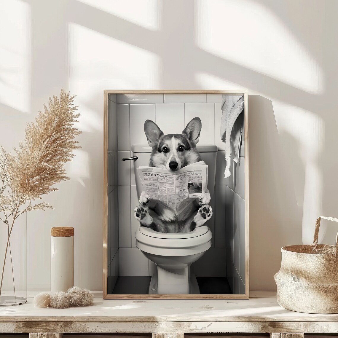 Corgi Dog on Toilet Reading Newspaper Funny Bathroom Humor Poster