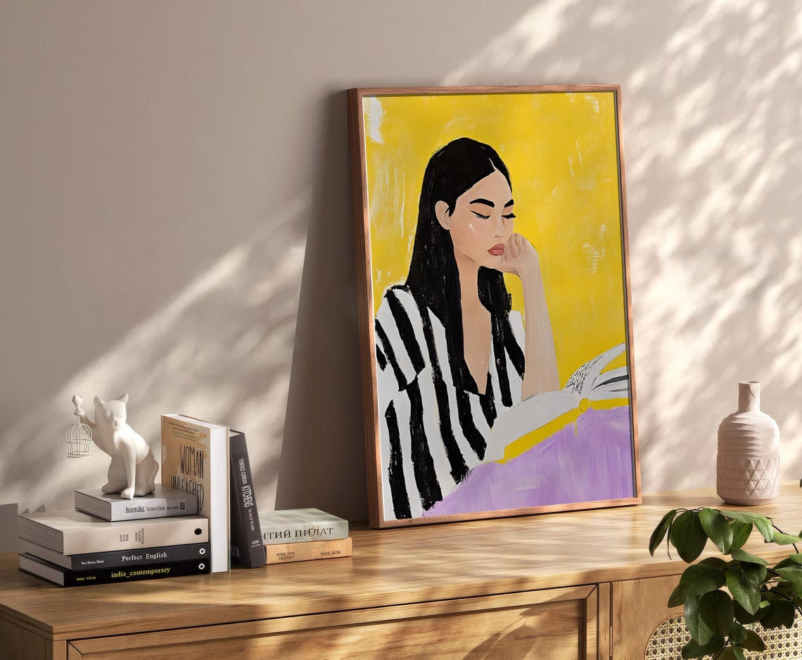 Woman Reading At Table Striped Shirt Yellow Background Poster - Image 2