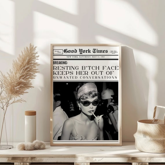 Resting Face Keeps Her Out Trendy New York Newspaper Print Vintage Bar Cart Retro Wall Art Newspaper Headline Poster College Apartment Decor