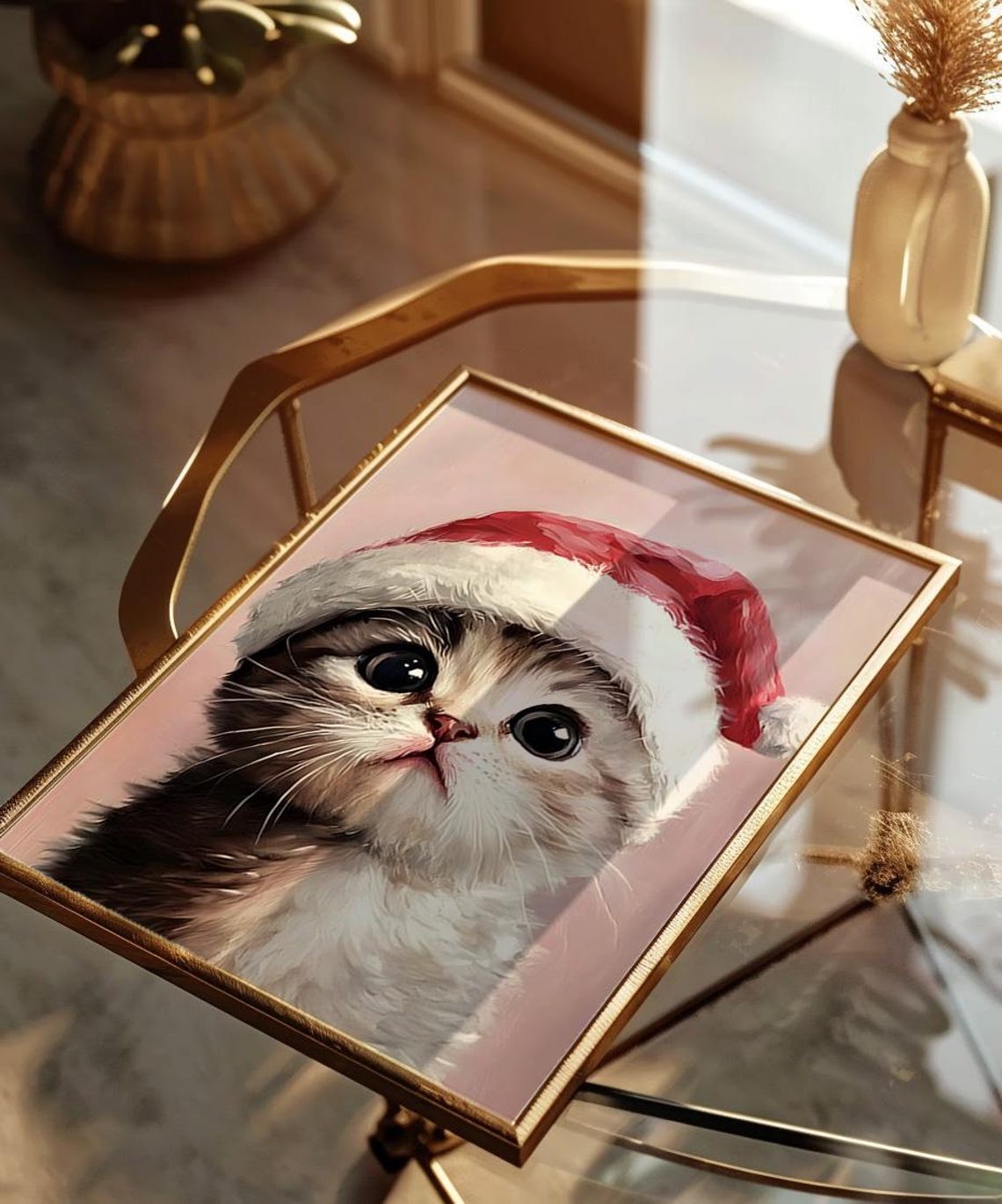 Christmas Kitten Santa Hat Cute Holiday Cat Watercolor Art Poster - Image 2