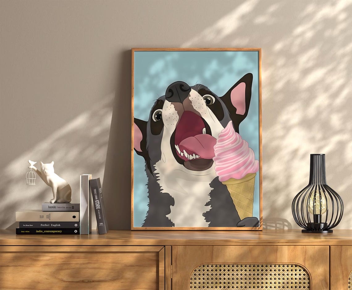 Happy Boston Terrier Licking Pink Ice Cream Pop Art Dog Poster - Image 2