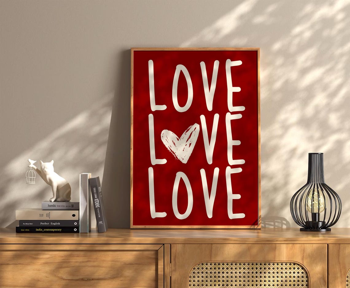 Love Love Love White On Red Hand Lettered Heart Typography Poster - Image 2