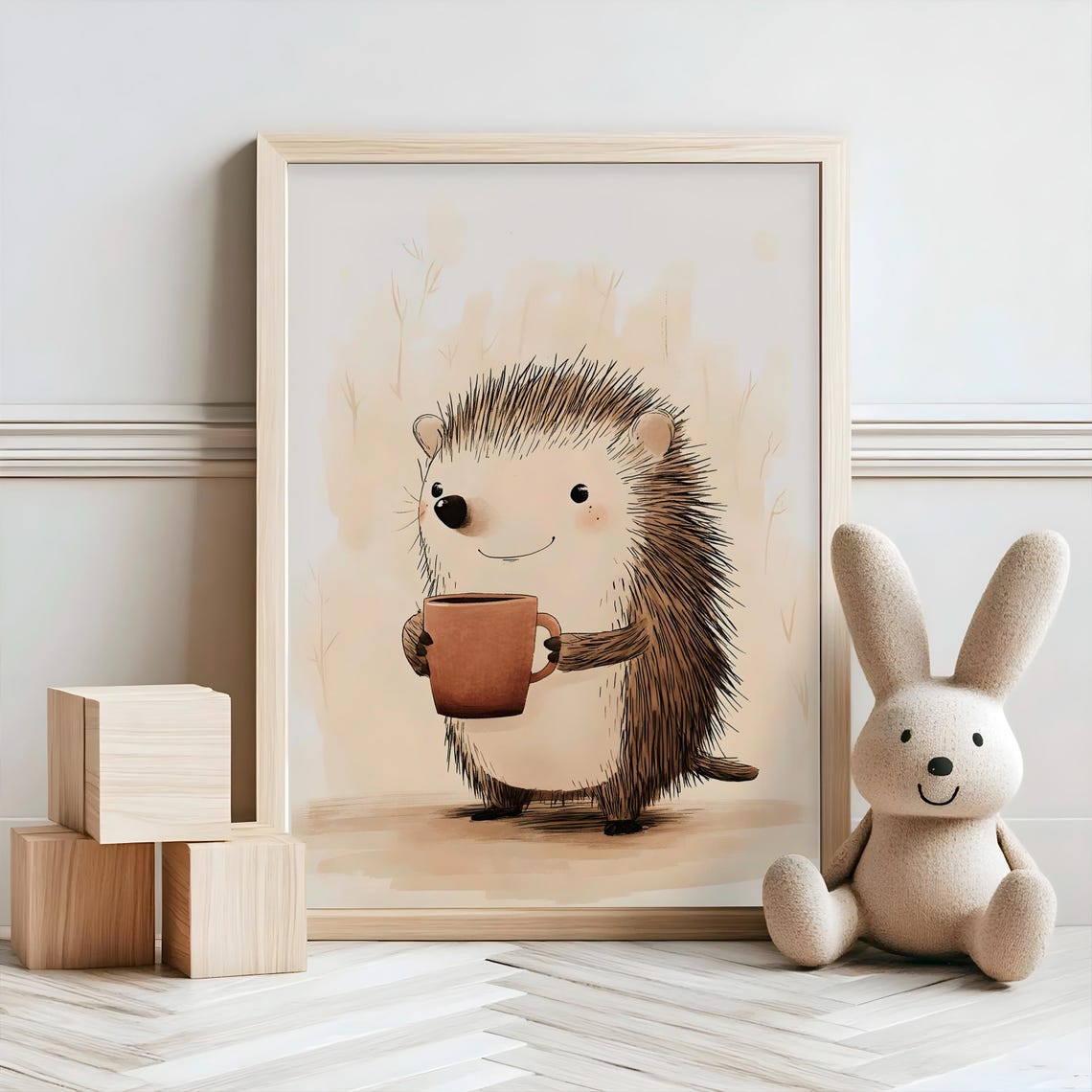 Cute Hedgehog Holding A Warm Mug Woodland Nursery Wall Poster - Image 2