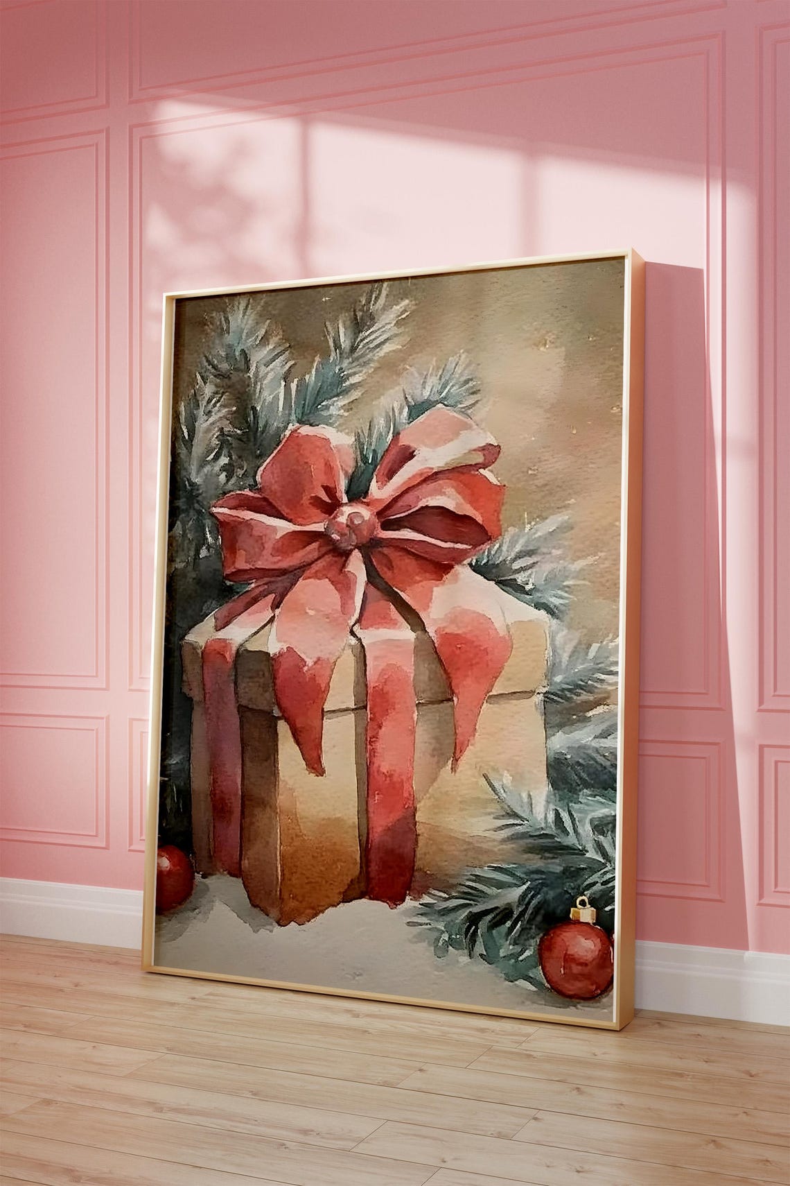 Christmas Gift Box With Big Pink Bow Watercolor Holiday Art Poster - Image 3