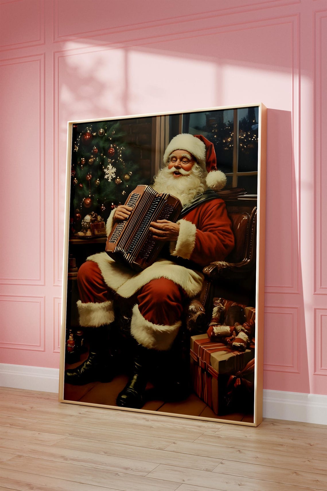 Santa Playing Accordion By The Christmas Tree Festive Music Poster - Image 3