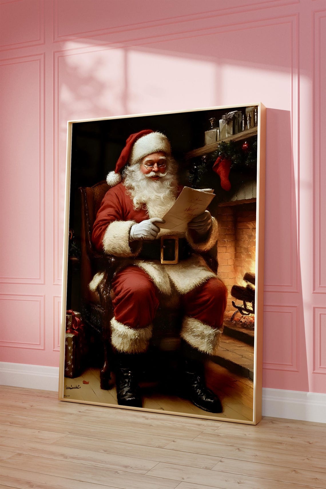 Santa Claus Reading Letters by Fireplace Vintage Christmas Poster - Image 3