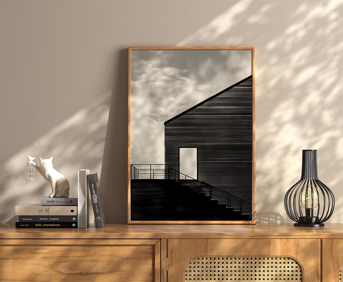Monochrome Modern Black House Stairs Cloudy Sky Photo Poster - Image 2