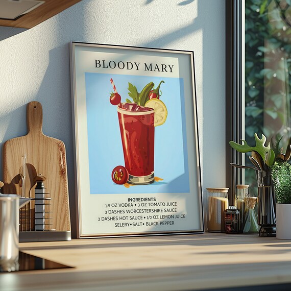 Bloody Mary Cocktail Recipe Art Print Retro Brunch Wall Decor