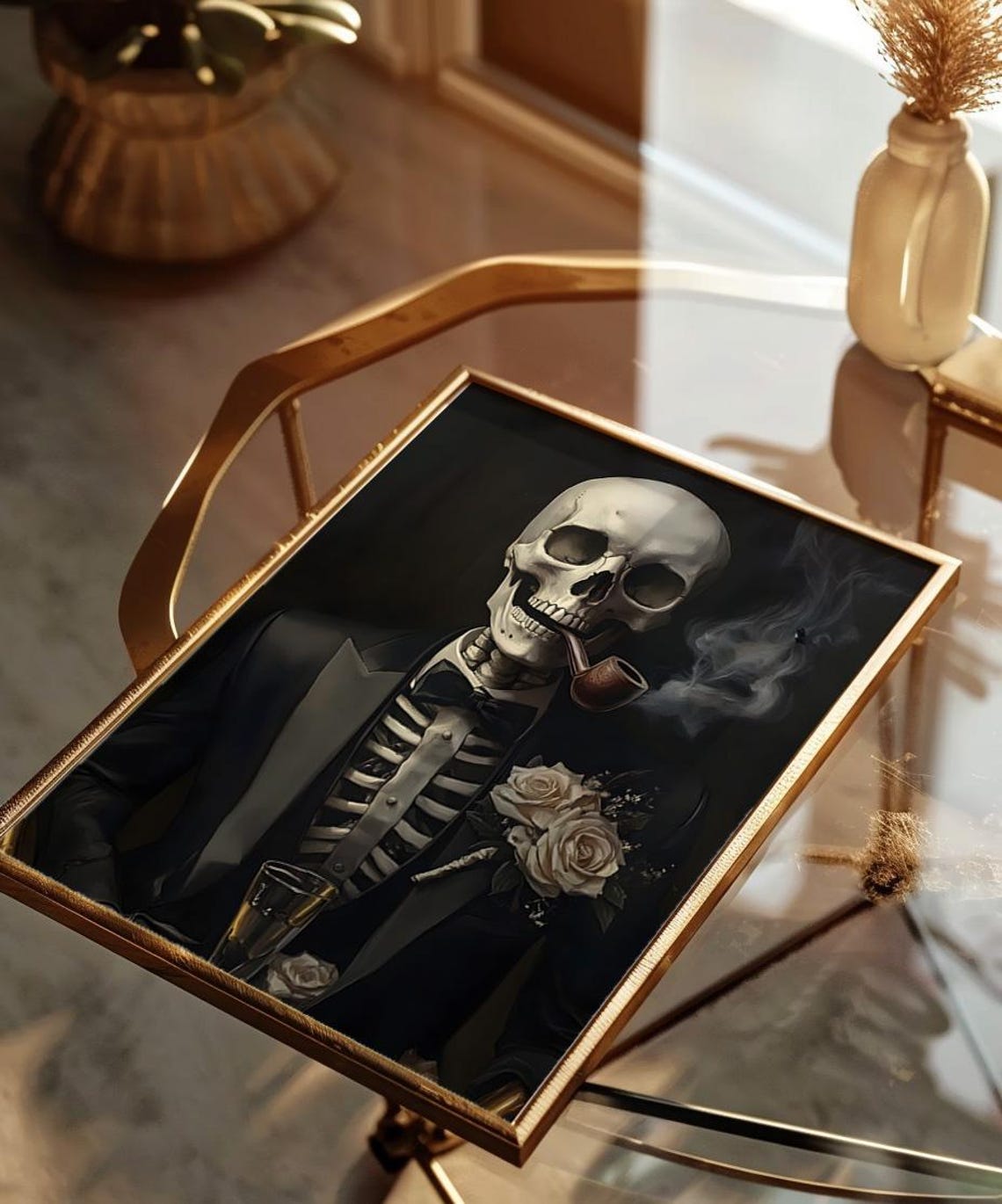 Skeleton Gentleman Smoking a Pipe Vintage Dark Oil Painting Poster - Image 3